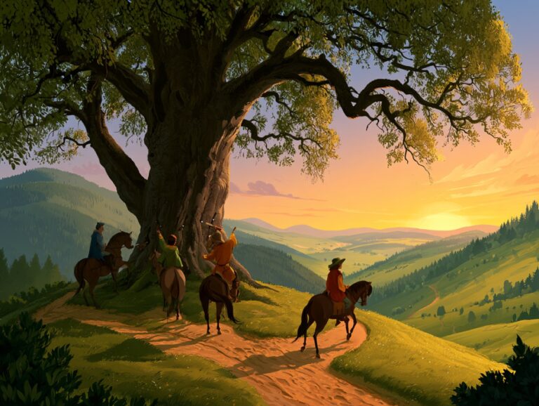 Čtyři bratři na koních se loučí pod mohutným stromem na rozcestí, před nimi se při západu slunce otevírá údolí