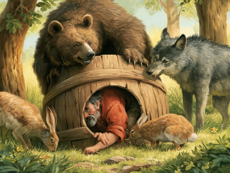 Ilustrace k pohádce Jak bednář přelstil vlka, medvěda i zajíce