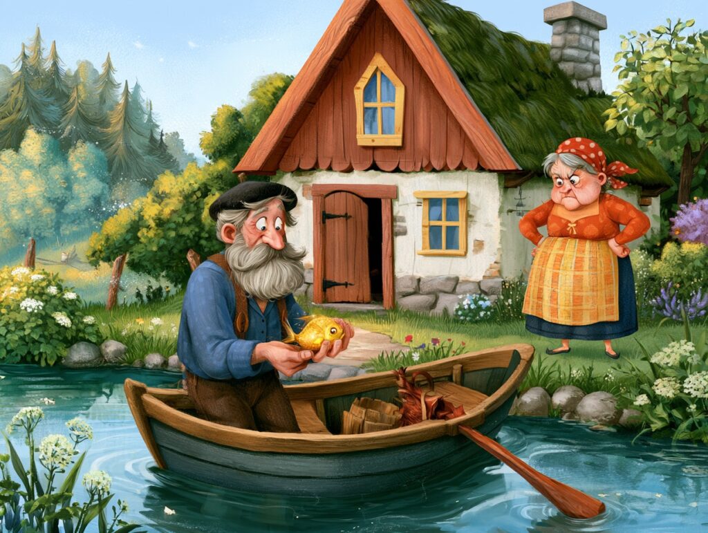 Ilustrace k pohádce O nespokojené rybářově ženě