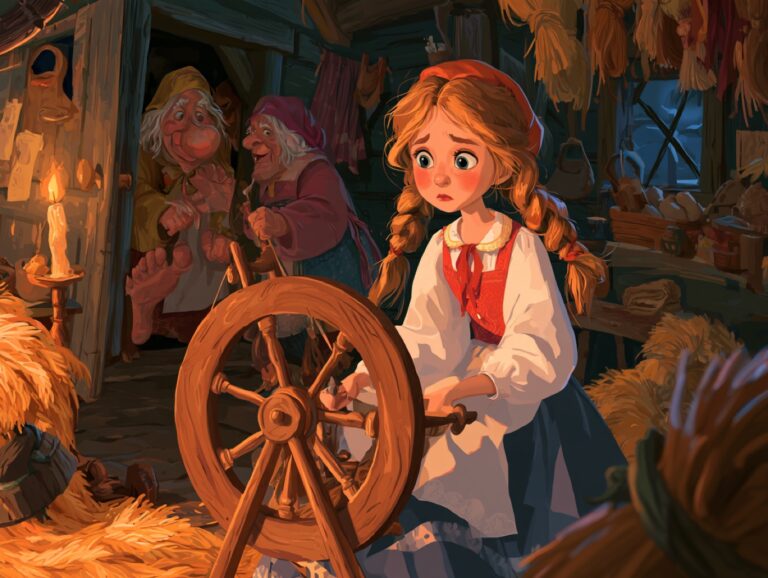 Vystrašená dívka s copánky přede v jizbě plné lnu na kolovratu, ze dveří za ní nakukují dvě stařenky