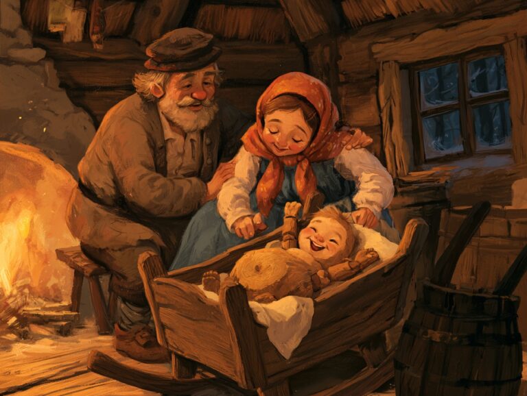 Stařeček a maminka v šátku se usmívají nad kolébkou, ve které leží smějící se Otesánek vyřezaný z pařezu