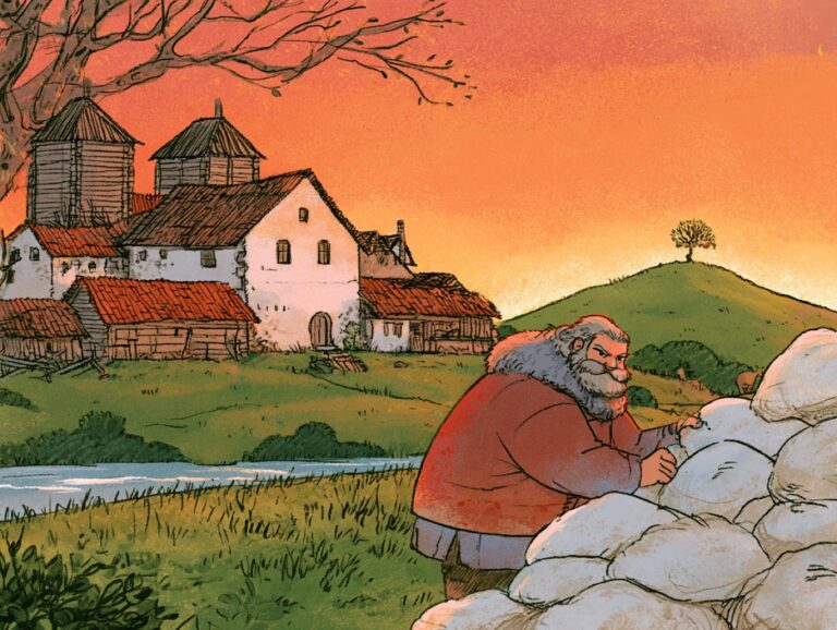 Vousatý muž v červeném kabátě skládá hromadu bílých kamenů, za ním vesnice u řeky a zelený pahorek se stromem