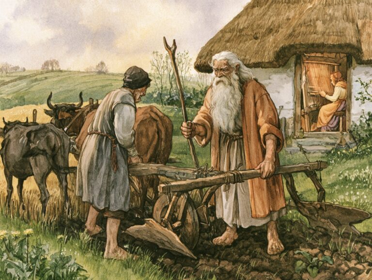 Stařec s bílým vousem a holí ukazuje sedlákovi u volů, jak držet pluh, v chaloupce s doškovou střechou tká žena