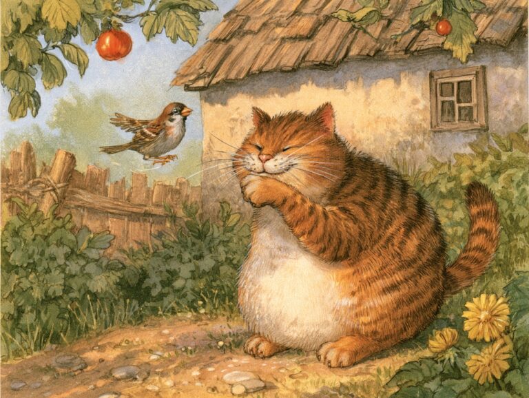 Ilustrace k pohádce Proč se kocour myje po jídle